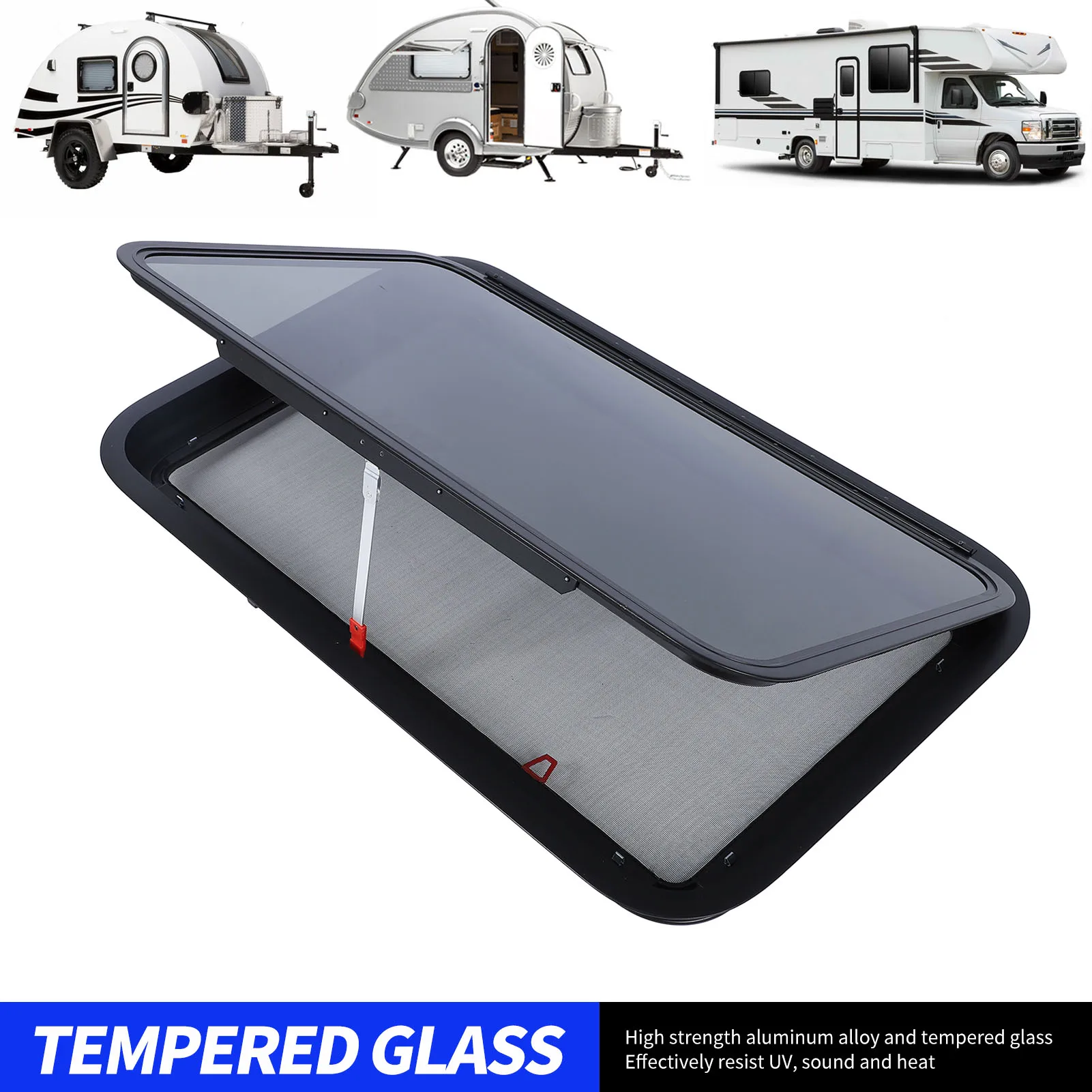 

RV Emergency Window 914 X 559mm Tempered Glass Push Out Exit Window with Support Rod and Mounting Ring for Trailer Camper