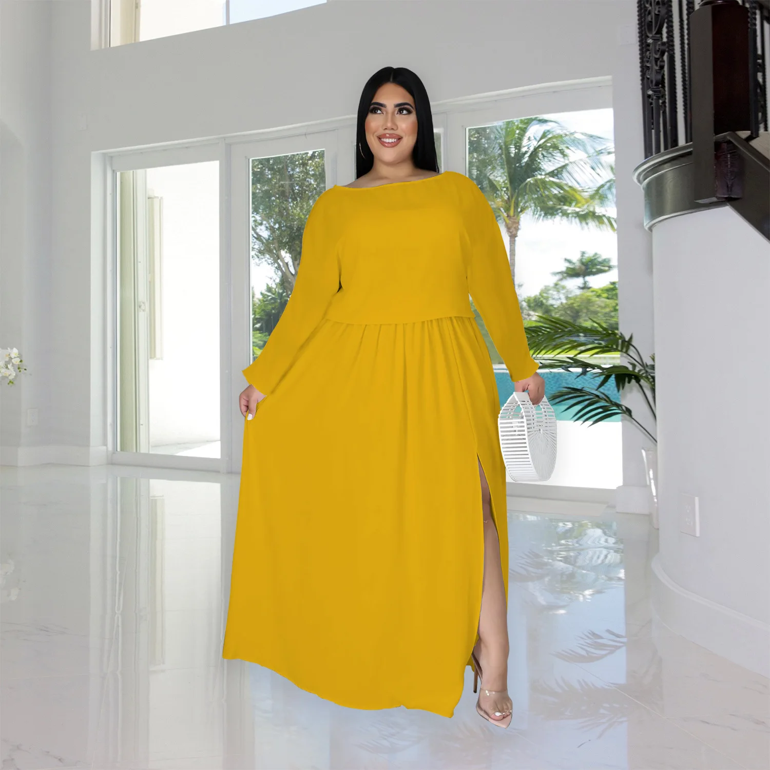 HAOOHU-Conjunto de 2 piezas de manga larga para otoño, traje de falda con abertura grande, holgado e informal, talla grande, 2023