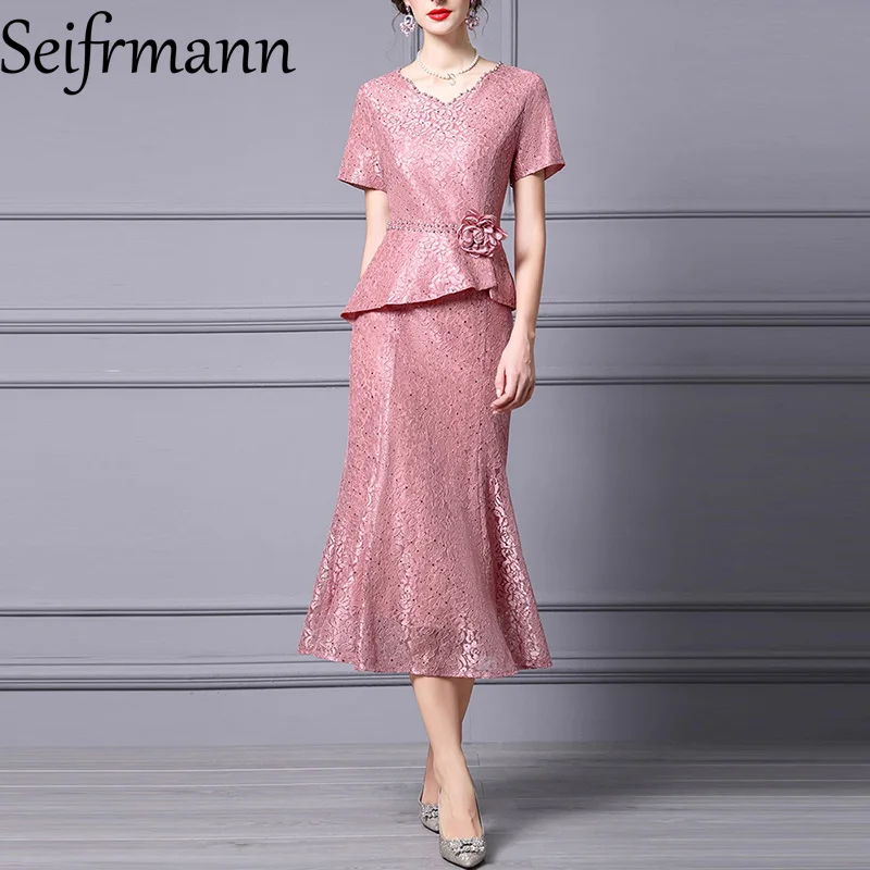 

Seifrmann Solid Short Sleeve Slim Midi Dress For Women V-Neck Appliques Elegant Lace Long M-3XL Dress Club Party Clothes