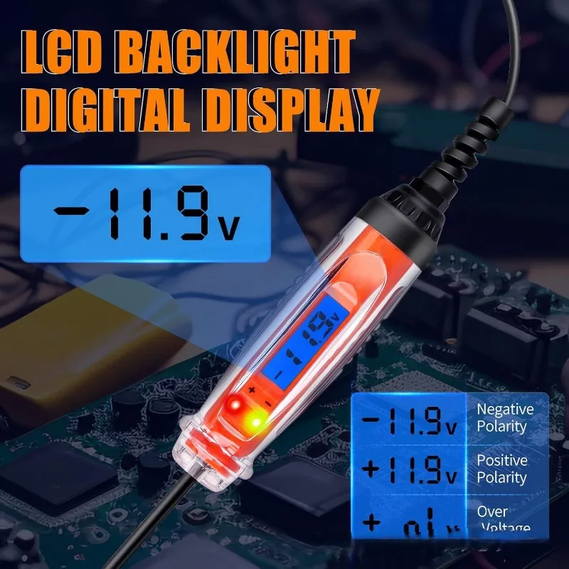 ضوء اختبار السيارات مع جهاز اختبار دائرة الطاقة الرقمية LCD، وعرض جهد التيار المستمر ووظيفة الإضاءة