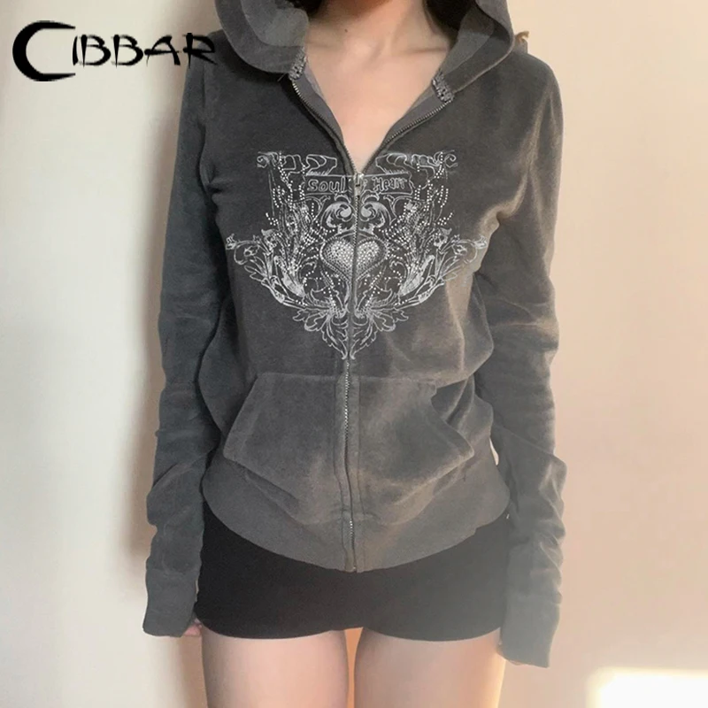 CIBBAR Grey Retro Print Hoodies Vintage 2000s Loose Zip Up Hooded Sweatshirt Harajuku Street Style Outerwear Autumn Casual Coats