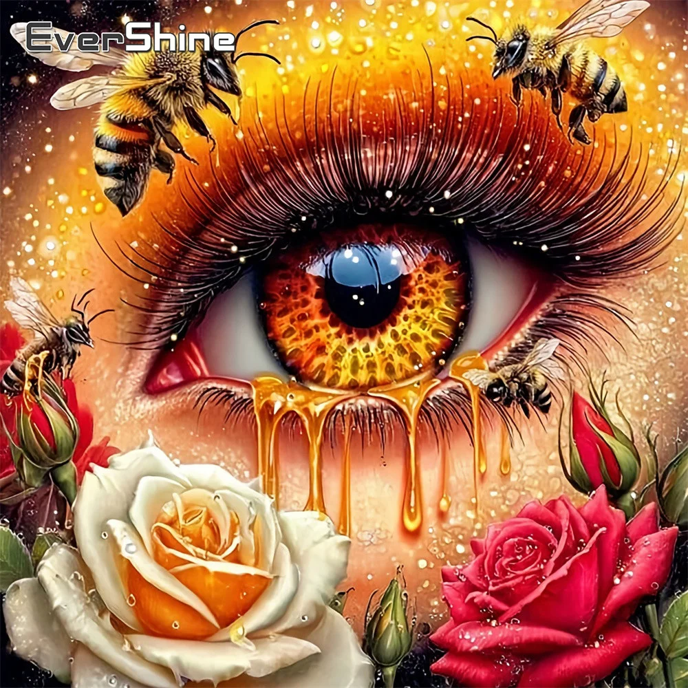 EverShine 5D Diamant-Stickerei Porträt Augenbild aus Strass Mosaik Biene Vollflächiges Gemälde Rose Handgemachtes Hobby