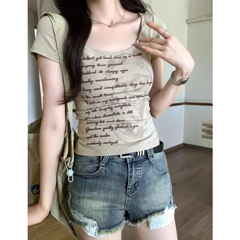 Damen Sommer Rundhals T-Shirt mit Buchstaben-Print, Erbsengrün, Kurzarm, Elegantes Modisches Casual-Oberteil für den Alltag