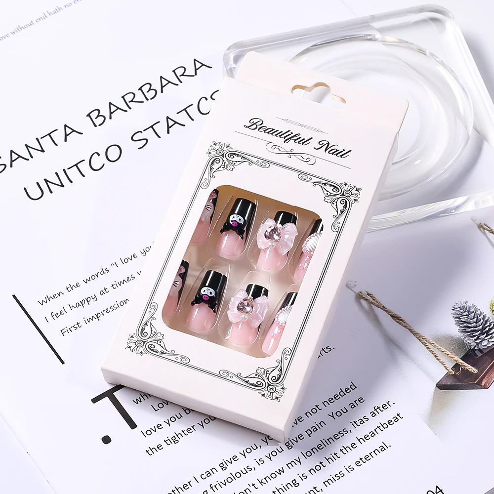 24pcs Black French Kuromi Fasle Nails Hello Kitty Pink Shiny Rhinestones Press On Nails For Women Bow Pearl Kawaii Fake Nails #T