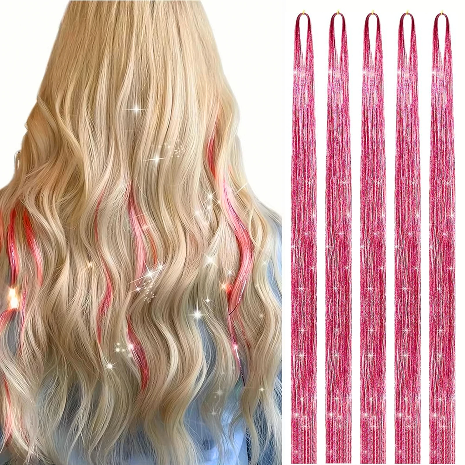 Hair Tinsel (46 Inch, 5pcs) Hair Extensions for Girls and Women Fairy Tinsel Extensions Holographic Synthetic Hair
