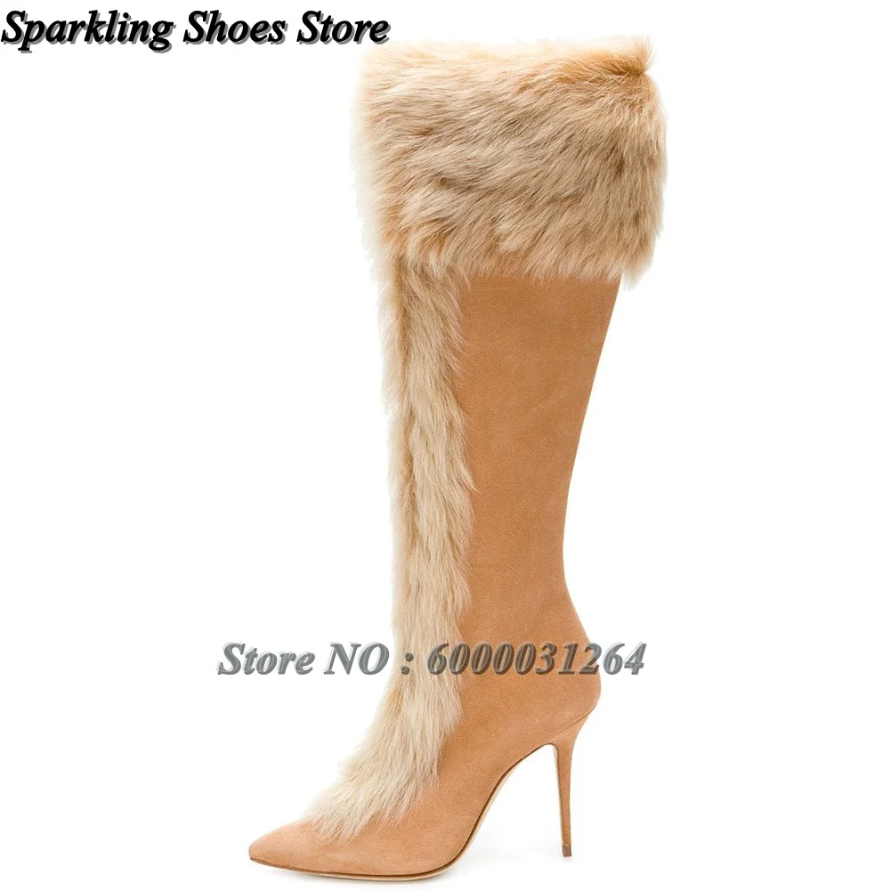 

Rabbit Furry Suede Boots Knee-high Fashion Botas Brown Stiletto Pointy Toe High Heels Solid Women Designer Beige Luxury Shoes