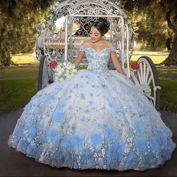 Light Sky Blue Quinceanera Dress Off Shoulder Appliques Flowers Party Princess Customized Sweet 16 Ball Gown Vestidos De 15 Años