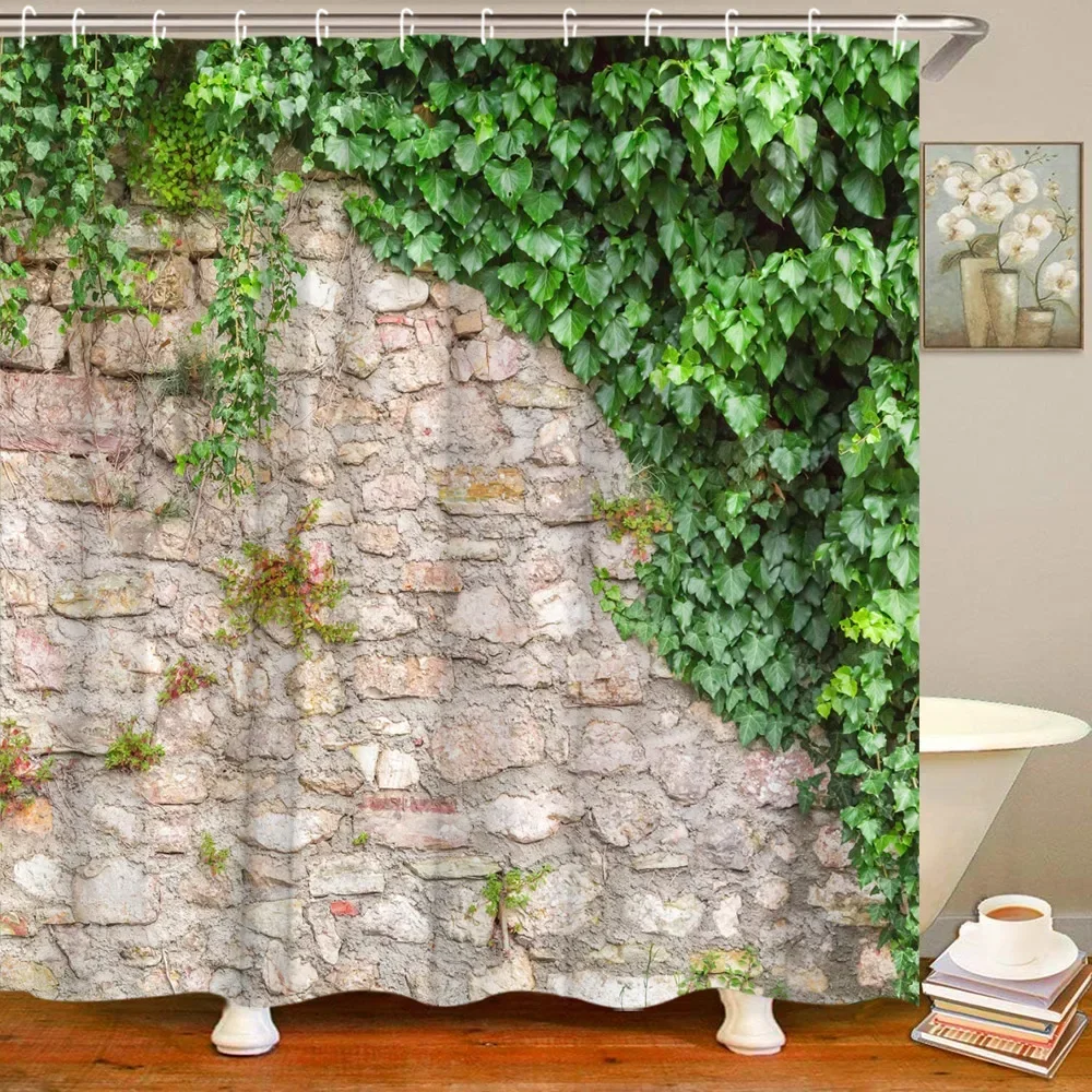 Botanical Brick Wall Shower Curtain Stone Greenery Leaves Vine Farm Rustic Garden Landscape Rock Polyester Fabric Bathroom Decor