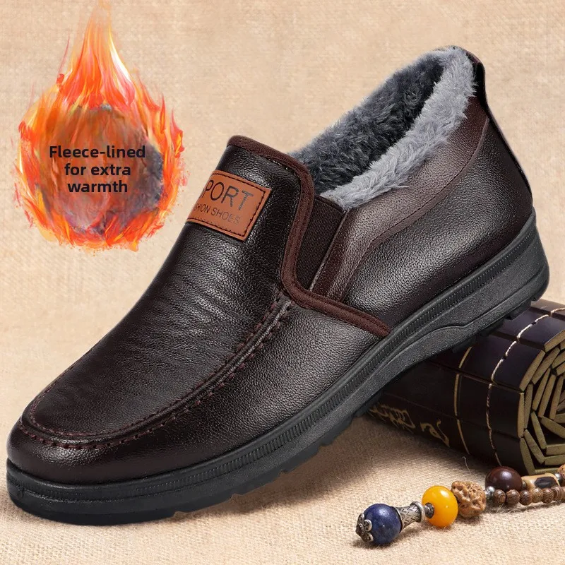 Herren Winter Slip-On Schneeschuhe mit Fleecefutter, Obermaterial aus synthetischem PU, rutschfeste Gummisohle, warme, lässige Outdoor-Wanderschuhe für ältere Menschen. – Detail 2