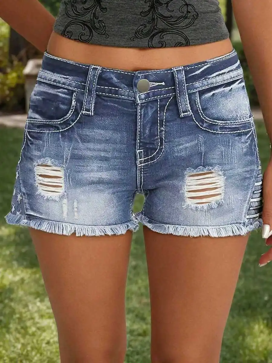 

Womens High Stretch Denim Ripped Straight Shorts Casual Summer