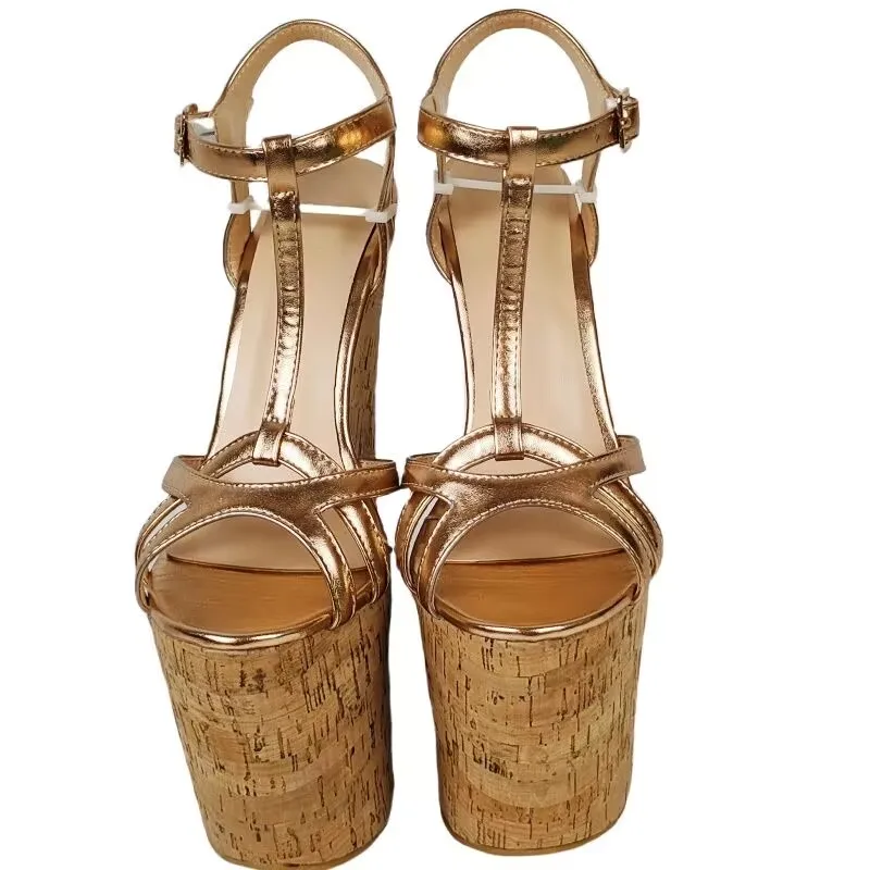 DIZHUANG Sexy women's high-heeled sandals. Golden PU leather sandals. About 20cm heel height. Summer slope sandals. SIZE:34-46