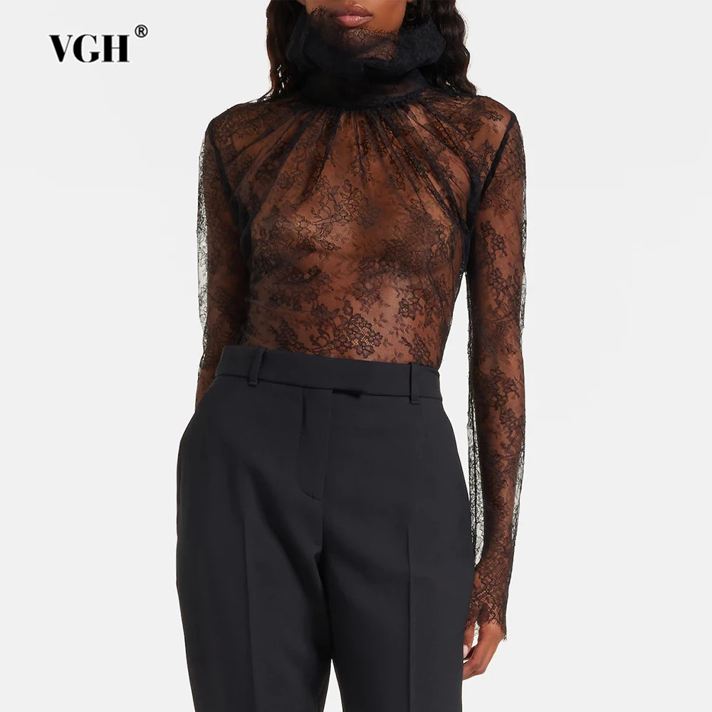 VGH Sexy Vintage solide dentelle minceur Blouses pour les femmes col montant à manches longues printemps tempérament chemises femme mode Style