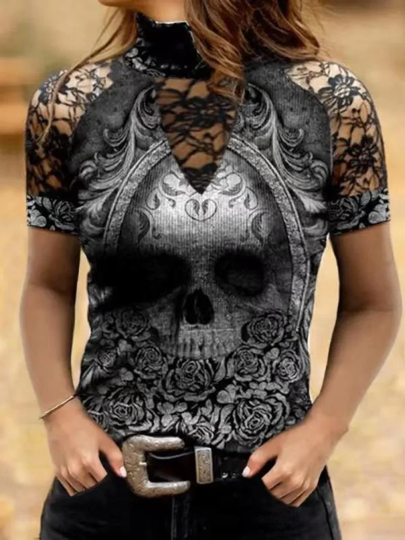 Cool Summer Women Fashion Turtle Neck Skull & Flower Print T-Shirt Gothic Hollow Long Sleeve Versatile Personality Y2k Lady Tops — zdjęcie 6