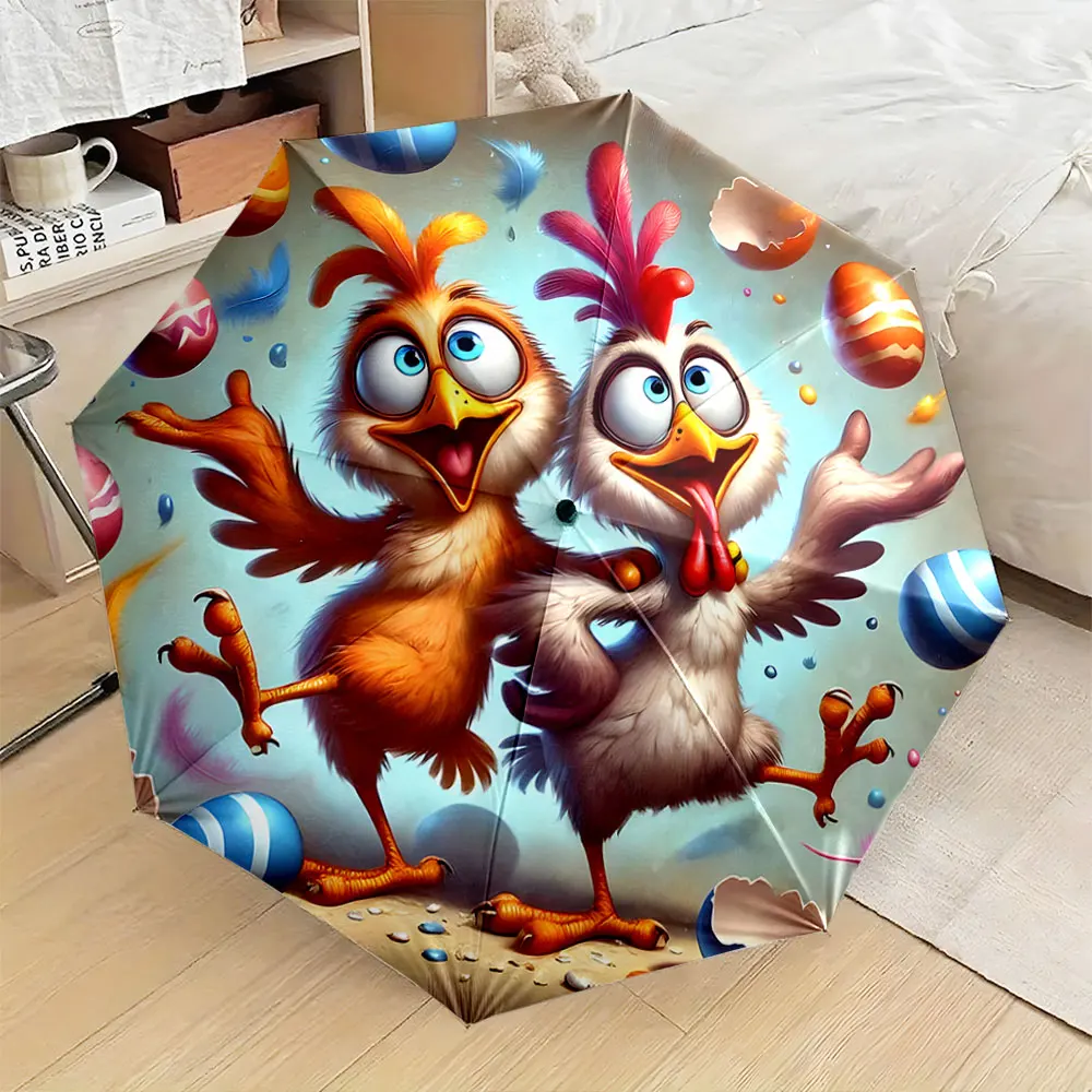 1PC Fun Cartoon Chicken Design on a Vibrant Umbrella Print 8 Iron Ribs Folding Umbrella Auto-Open Fashion Sunshade