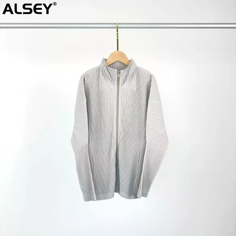 ALSEY Miyake Pleated Standing Neck Zipper Long Sleeve Men\'s Coat 2024 Autumn New Casual Simple Slim Black Jackets Men Clothing