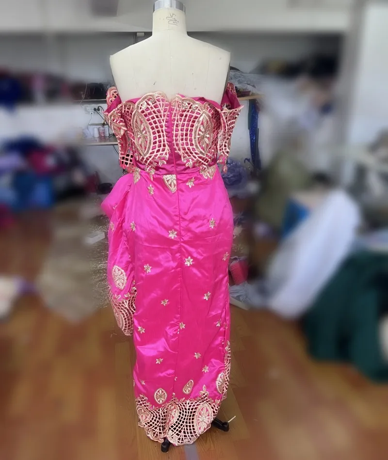 Nigerian Hot Pink Prom Dresses Off The Shoulder African Wedding Party Gowns Aso Ebi Women Dinner Wear robes de soirée