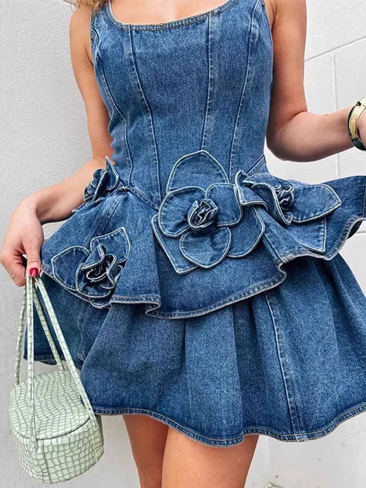 Bkqu chique 3d floral denim mini vestido feminino dupla camada babados elegante gola quadrada sem costas zíper a linha vestidos de estilingue y2k