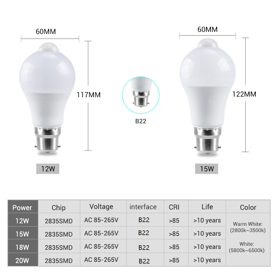 B22 PIR Motion Sensor LED Bulb 12W 15W 18W 20W Auto-On-Off Security Light for Home Garage Parking AC 85-265V Sensor LED Lamp