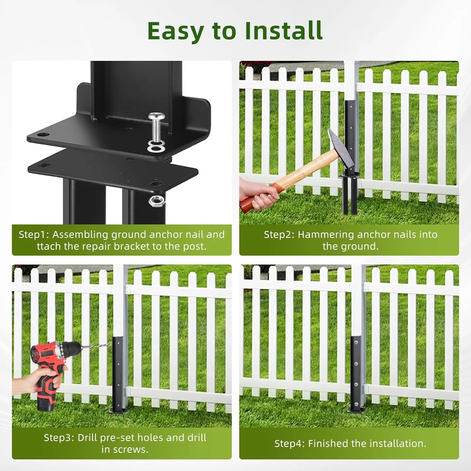 2/4 Pack Fence Post Repair Kit For Fixing Leaning Wooden Post Tilted/Broken Posts Steel Fence Anchoring Stakes Post Repair Kit