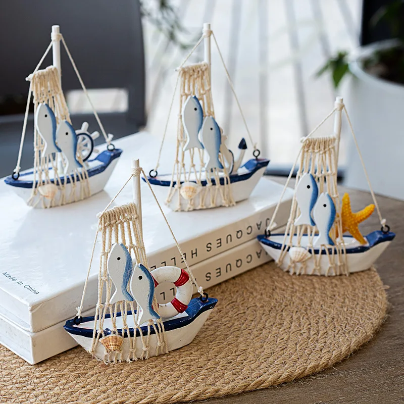 Mediterranean Wooden Sailboat Model Decor, Nautical Table Ornament, Creative Fishing Boat Figurine for Bakery Display Decoration