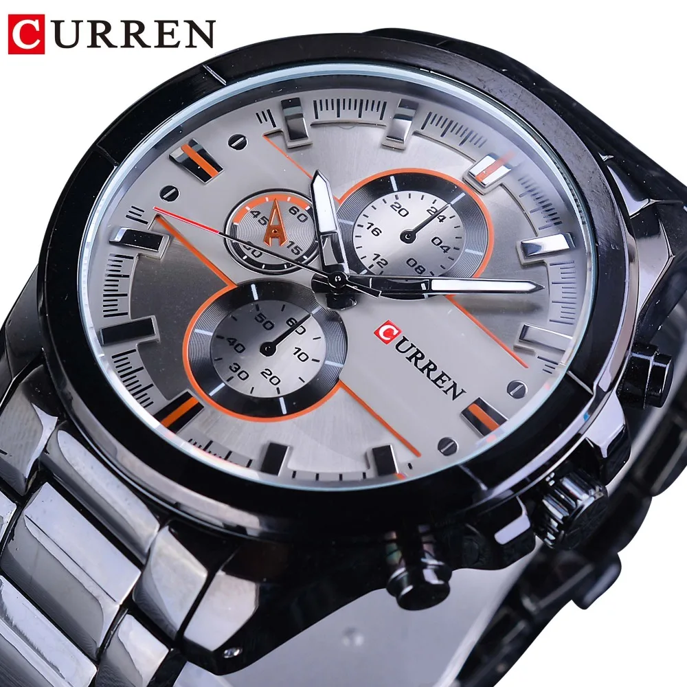 FashionCurren Top Brand  Black Full Stainless Steel Creative Mens Sport Quartz Watches Luxury Male Clock Military Casual Design