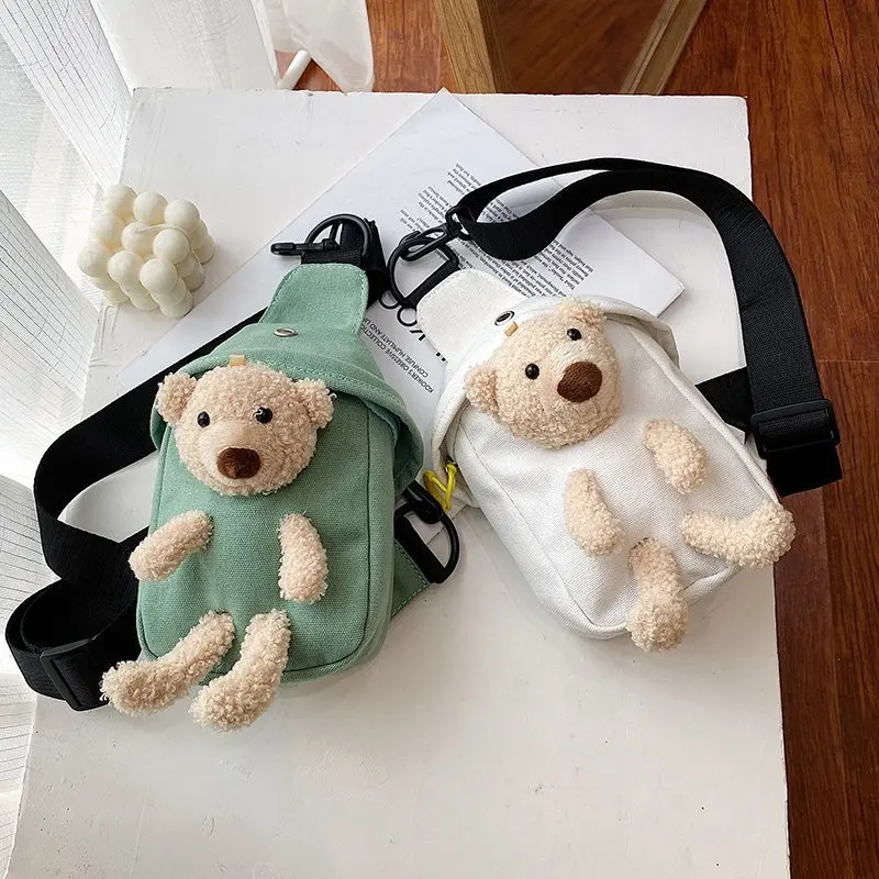 2023 New Children\'s Plush Bag Cute Plush Bear Chest Bag Crossbody Bag Korean Boys Girls Mini Canvas Bag