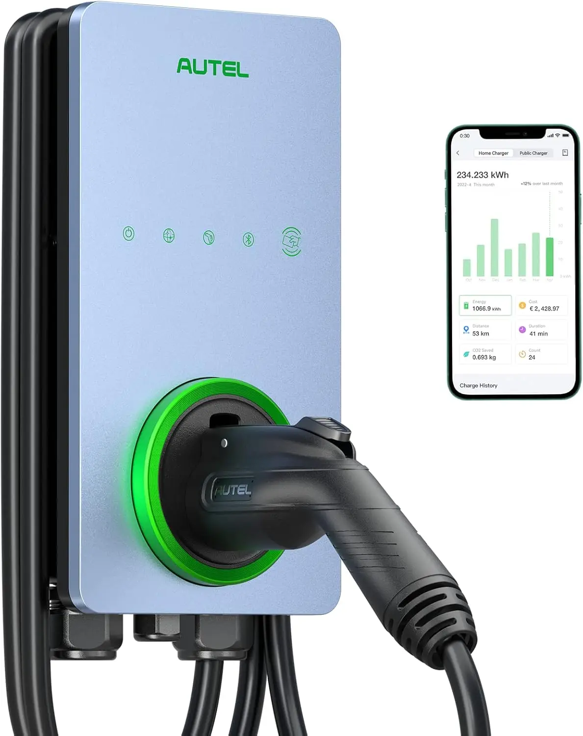 

Smart EV Charger 50Amp 240V Indoor/Outdoor Level 2 with Wi-Fi Bluetooth Hardwired 25-Foot Cable