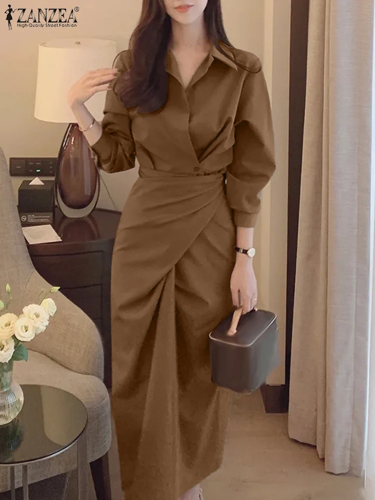 فستان قميص نسائي للخريف من ZANZRA فستان صيفي أنيق غير رسمي على الطراز الكوري 2025 بأكمام طويلة ورقبة على شكل طية صدر السترة