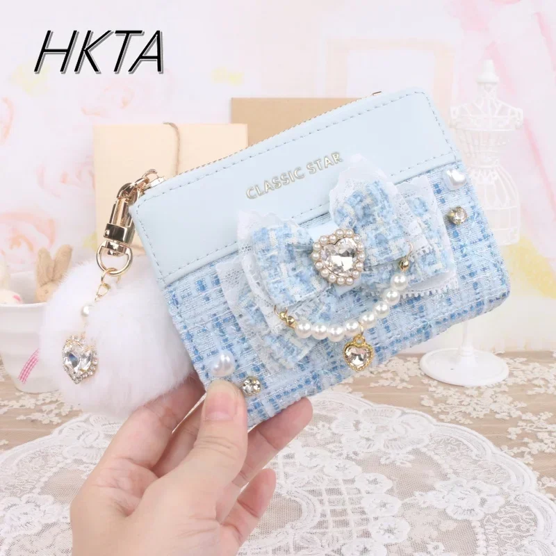 Japanese Handmade Wallet for Women Sweet Mine Bow Lace Edge Rhinestone Short Wallet Girls Small Bag