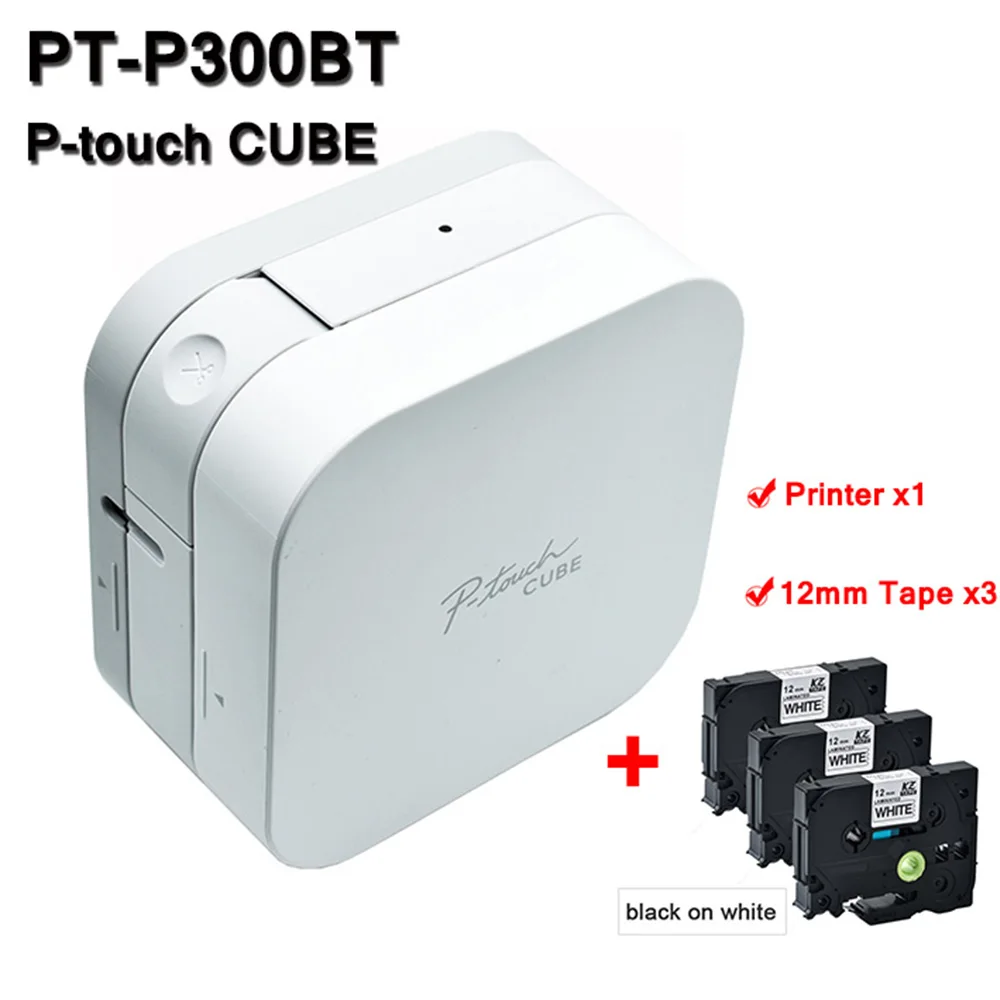 Brother PT-P300BT P-touch Cube Label Printer Bluetooth Mini label maker with 3Packs 9/12mm Ribbon Cassette