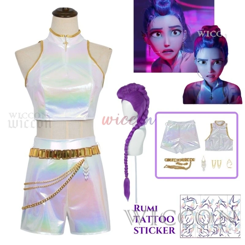 

AHuntrix Demon Hunters Rumi Косплей Костюм Полный комплект Парик Kpop Demon Marks Татуировка Наклейка Женщины Девушки Дети Хэллоуин Ролевая игра