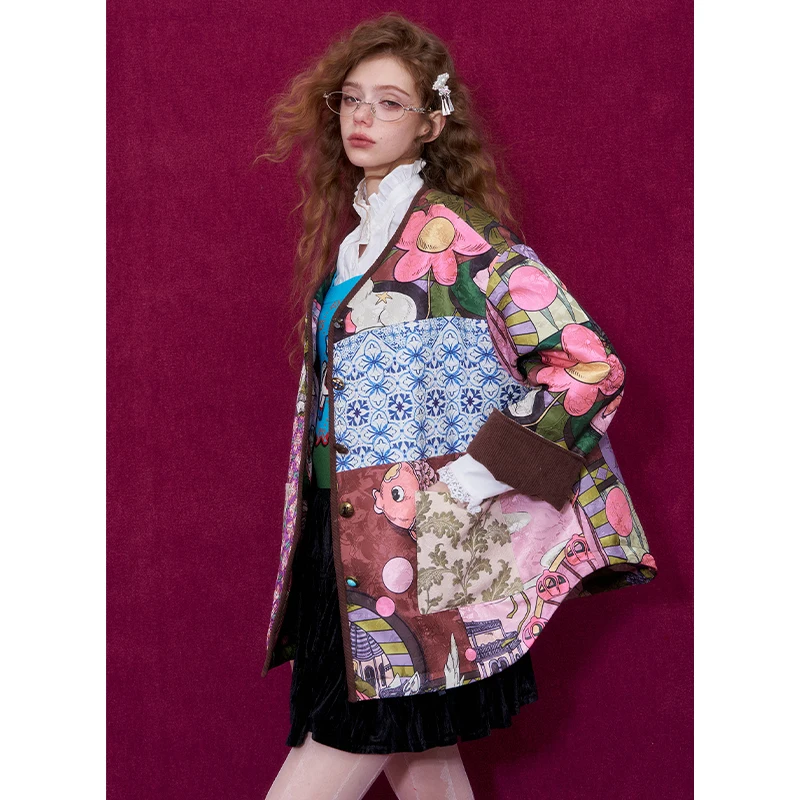 ELFSACK Women New Oriental Style Retro Loose Fit Patchwork Jacquard Hand Painted Print Short Padded Jacket