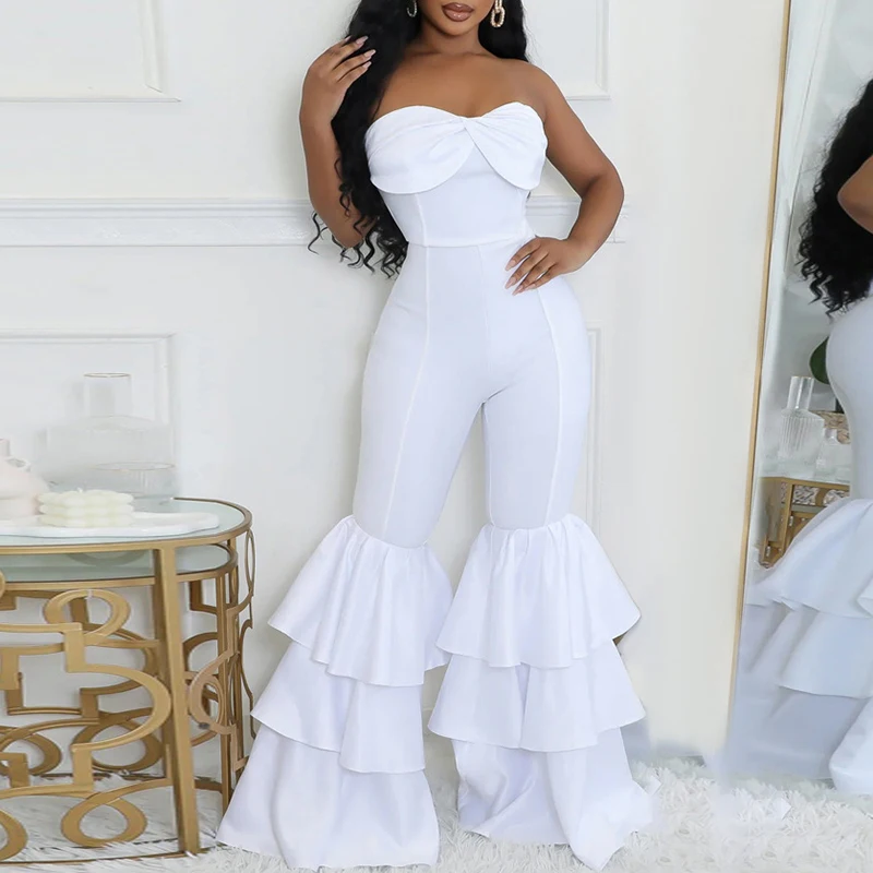 Dame sexy strapless effen kleur hoge taille jumpsuits kantoor elegante ruche slanke romper mode mouwloze flare broek playsuit