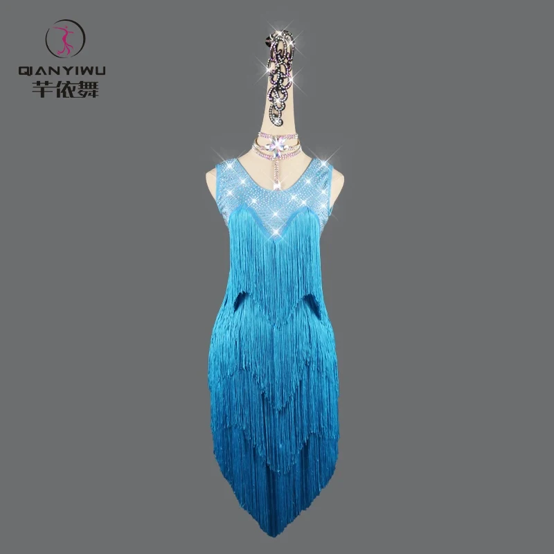 

Professional Blue Latin Dance Dress Senior Women Ballroom Competition Fringe Skirts Costume Ladies Line Midi Cocktail Samba Cha