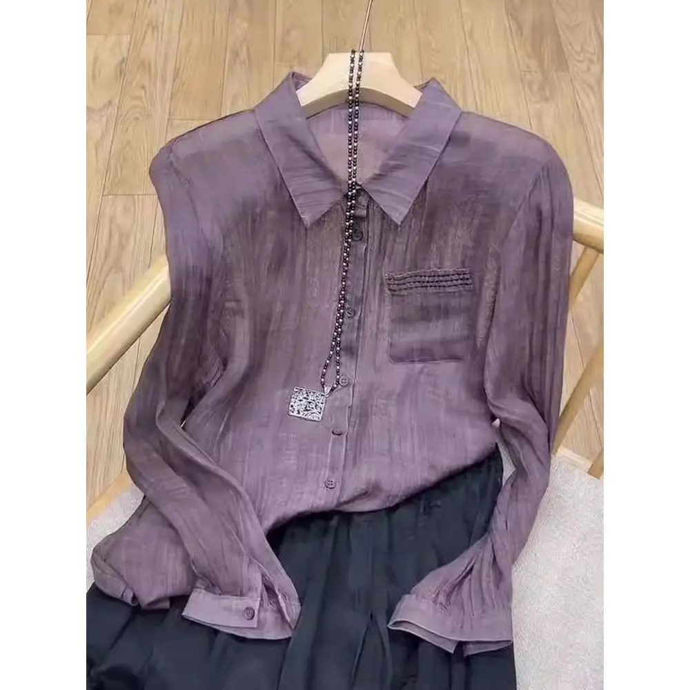 Elegant Purple Long Sleeve Silk Cotton Shirt Women's Fashionable High-End Ice Silk Top French Style Lightweight Spring Shirt