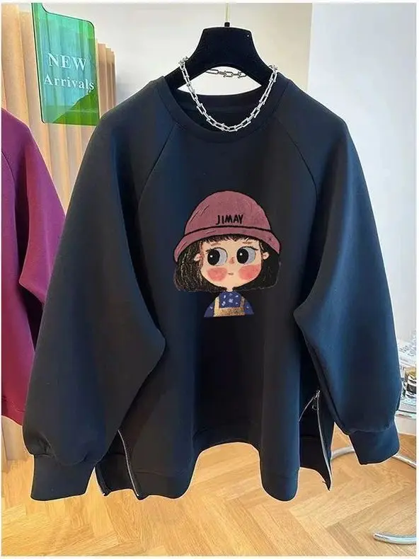 plus Size 300 Pou Korean Cartoon Print round Ne Sweatirt Women Loose Mid-Length Casual Top Comfortable Loose Fit Hoodie