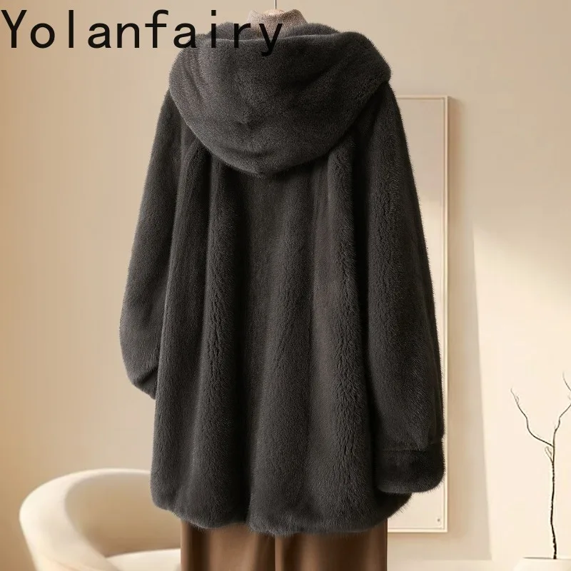 เสื้อโค้ทขนสัตว์แท้คุณภาพสูง YOLANFAIRY สำหรับผู้หญิง หรูหรา สำหรับฤดูหนาว ความยาวปานกลาง ทำจากขนมิงค์แท้ทั้งตัว พร้อมฮู้ด สีเทา
