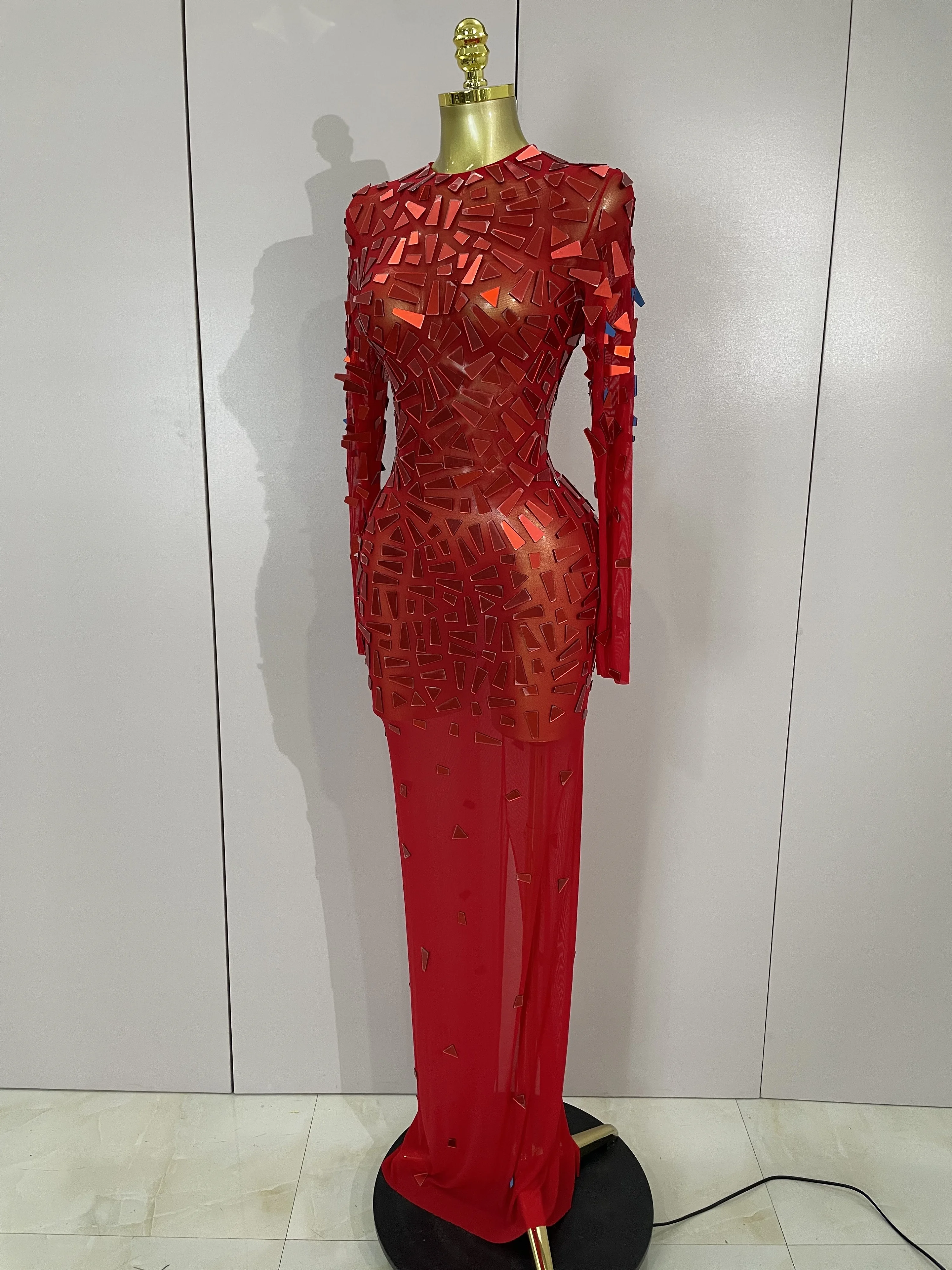 Vestido de cumpleaños de lujo con lentejuelas brillantes, vestido largo elástico transparente de malla roja, ropa para celebrar la boda, noche, graduación, disfraz de escenario para Club