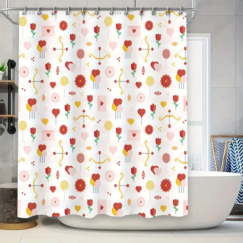 Valentine's Day Shower Curtain Set: Love Heart Arrow Design Pattern for Bathroom Decor White Red Color Home Decoration Waterproo