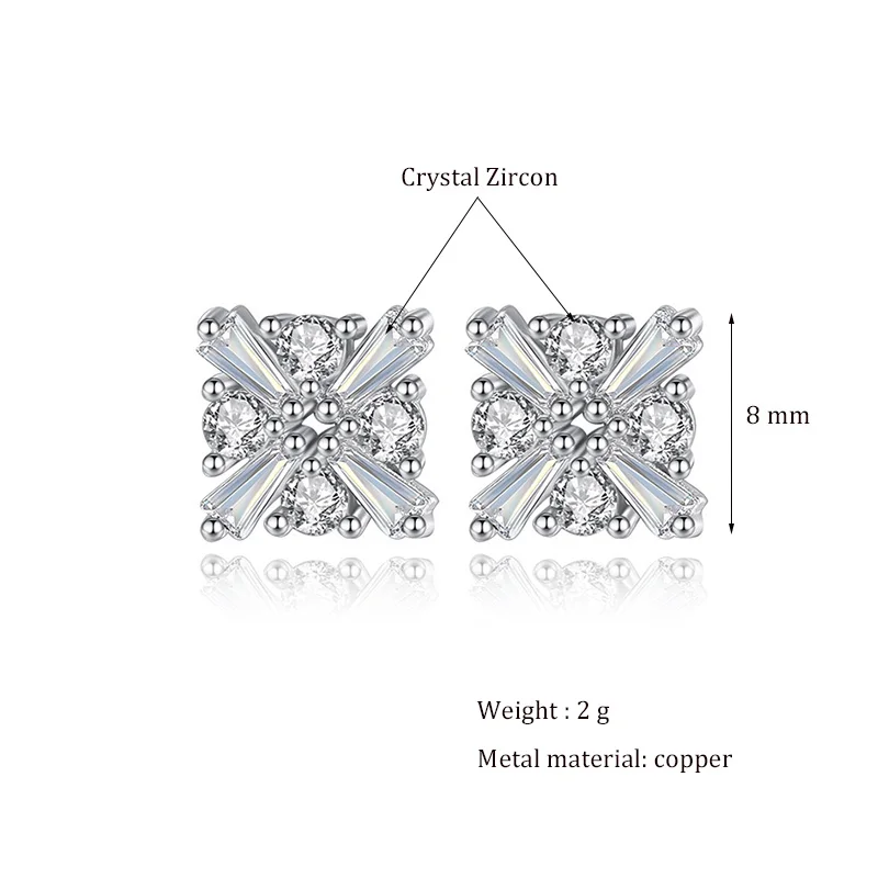 Cute Lovely Square Stud Earrings For Women Shiny Crystal Zirconia Stone Cubic Tiny Ear Nail Jewelry Female Trendy Earring Gifts