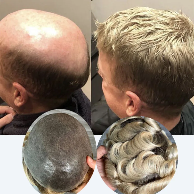 Natuurlijke Haarlijn Toupees Platina #4T #613 Blonde Super Duurzame Dunne 0.06 Huid Systeem Voor Mannen 100% Menselijk Haar V Loop Microskin Pruik