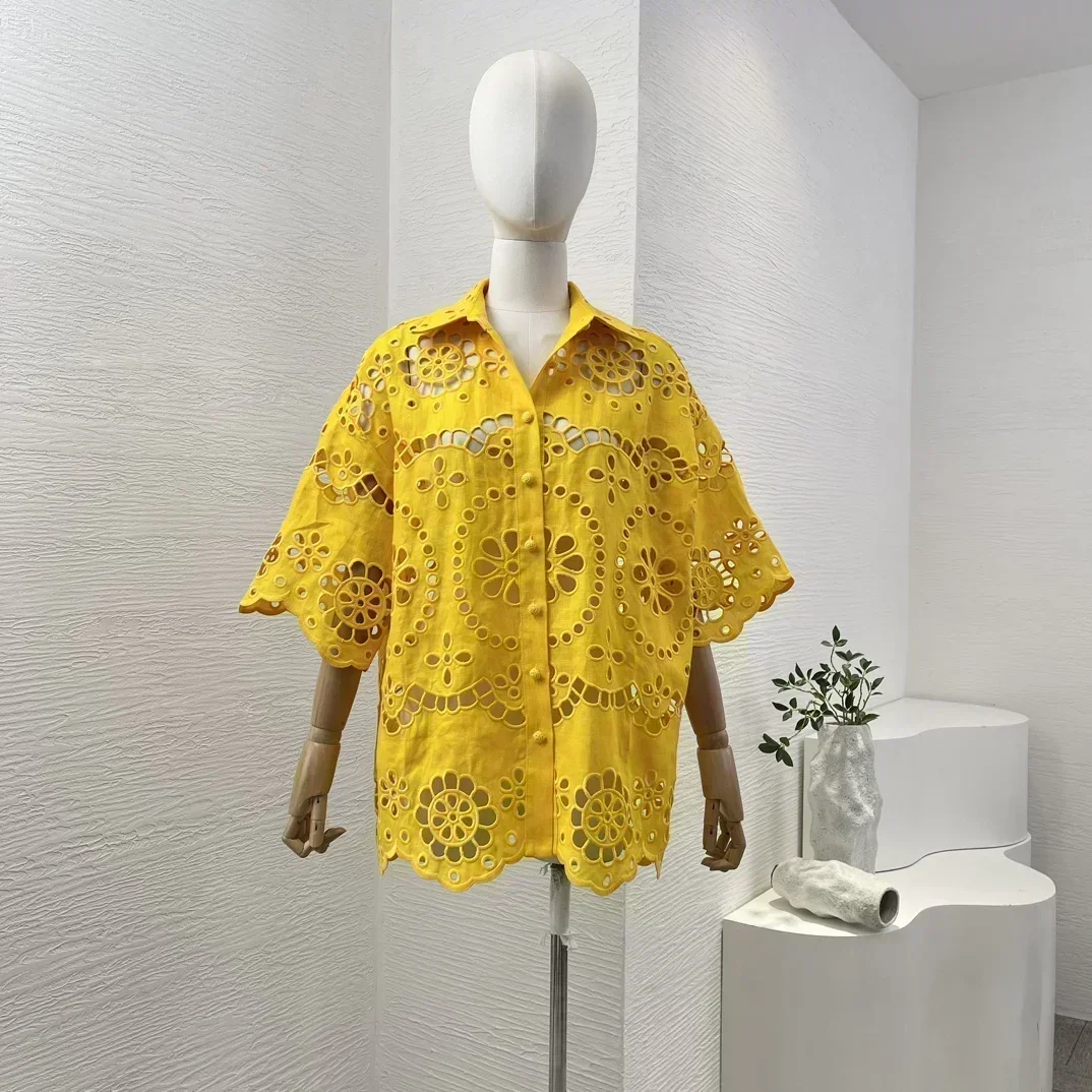 

Pure Linen Yellow 2024 High Quality Emroidery Hook Flower Hollow Loose Blouse and Belted Shorts Women Summer 2-piece Set