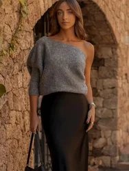 HH 2024 Women Grey Pullover Asymmetric Knit Off Shoulder Sweater Woman Black Bolero Cropped Jumper Women Knitted Sweater