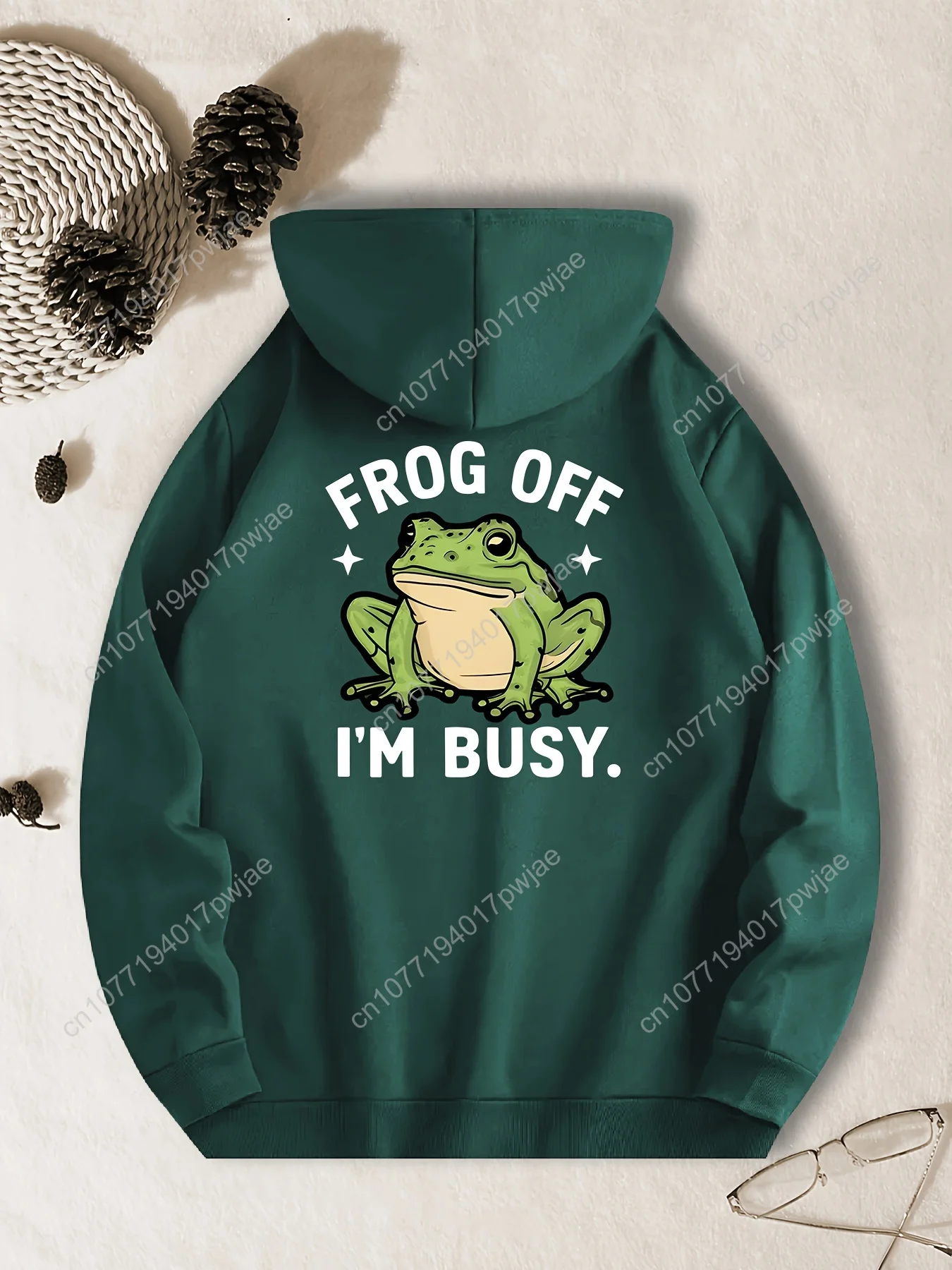 Sweater Kasual Pria Berkerudung dengan Cetakan Grafis 'FROG OFF I'M BUSY', Pola Geometris Hitam, Pullover, Saku Depan, Mesin Cuci