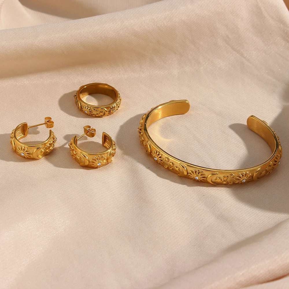 E.B.belle Classical Vintage Women Gold Plated Jewelry Set Chunky Statement Earring Rings India Dubai Gold Jewelry Accessories