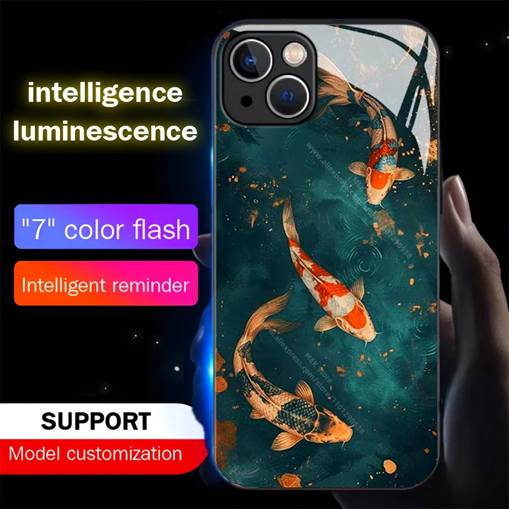

Luxury Koi Carp Pattern Luminous Phone Case LED Light Glass Cover For iPhone Air 17 16 E 15 14 13 12 11 Pro Max XS Plus