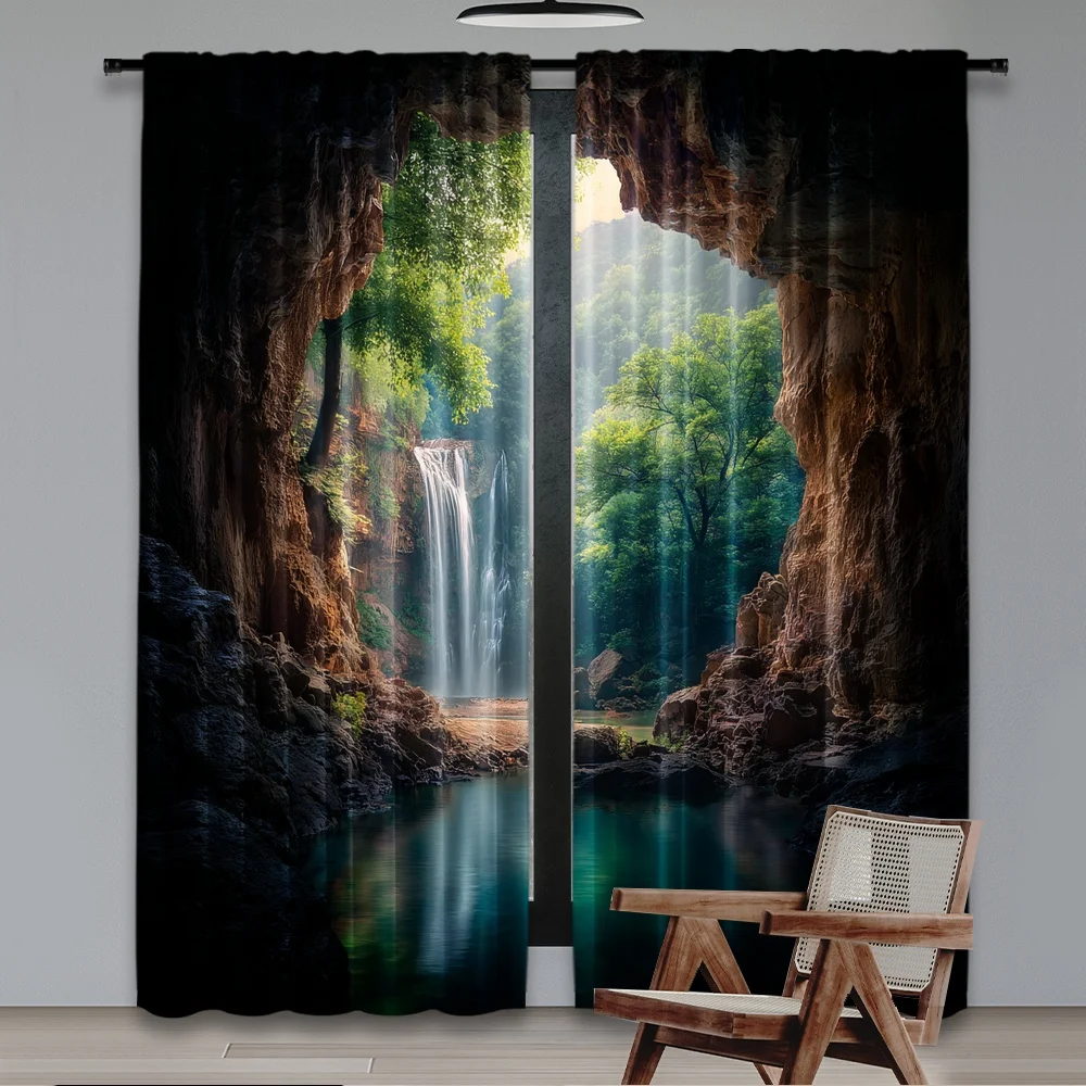 2pcs 2D flat printing Scene Curtain Cave waterfall jungle lake Polyester Without Electricity Party Decorations Use for Holiday