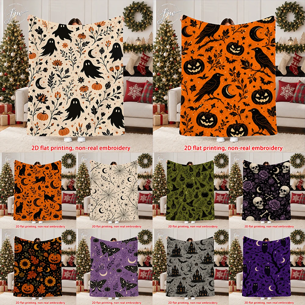 1pc  Halloween Spooky Season Throw Blanket, Gothic Witchy Floral Ghost Pumpkin Crow Printed Soft Fleece Blanket for Home Couch