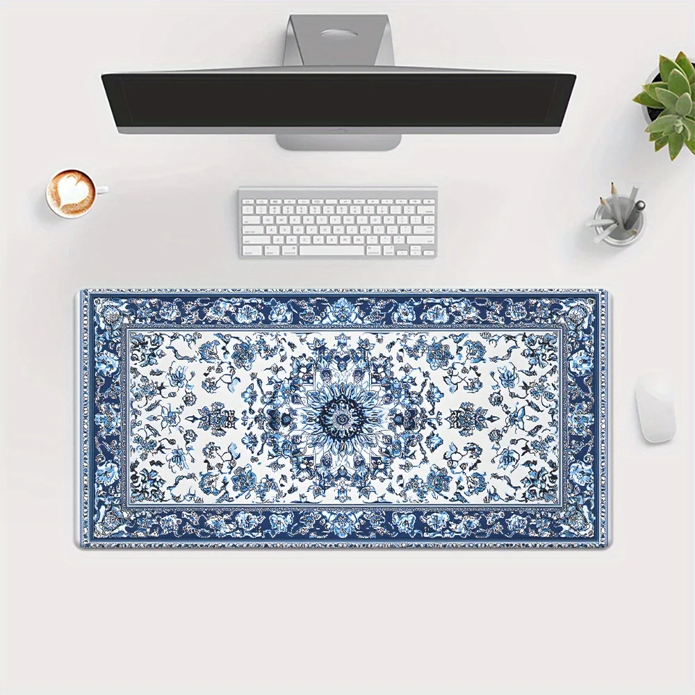 Blue Oriental Rug Desk Mat Extended Non-Slip Rubber Mouse Pad for Gaming Office Workstation