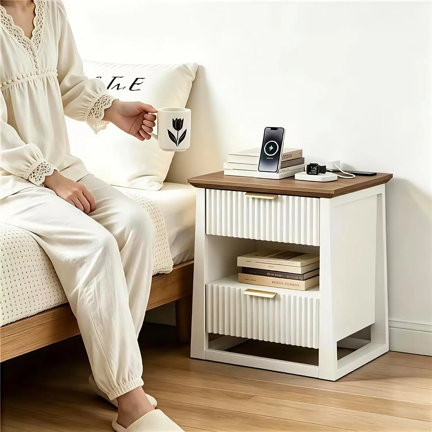 Fluted Side Table with Charging Station,LED Light, 2 Close Drawers,Open Storage, Two-Tone Nightstand with Hollow Base,Customized